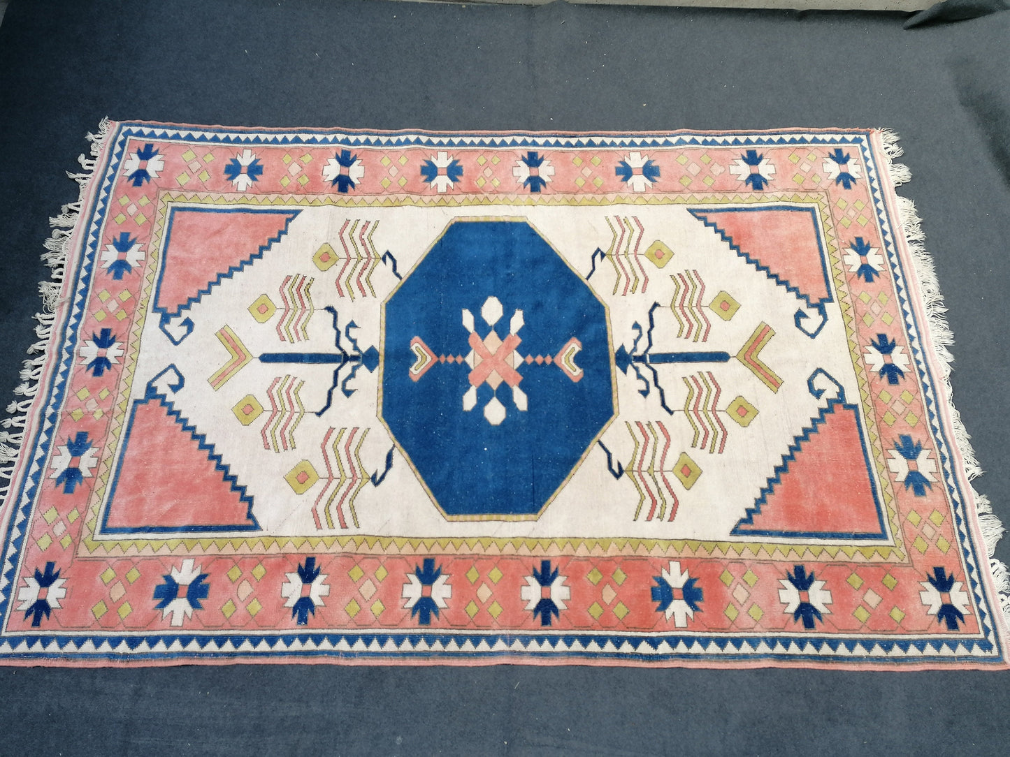 7'2x11 oushak wool rug, large turkish blue rug, vintage hand made rug, living room rug kitchen rug, vintage bohemian rug