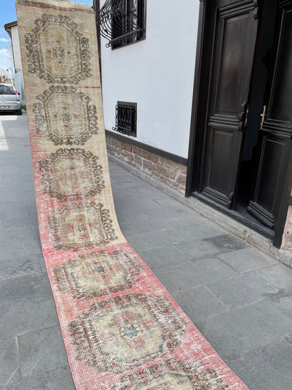 Muted Hand Knotted Extra Long Turkish Runner Distressed 2.4 x 18.6 Stairs Runner Rug Vintage Runner Rug XL Oriental Runner Staircase Runner