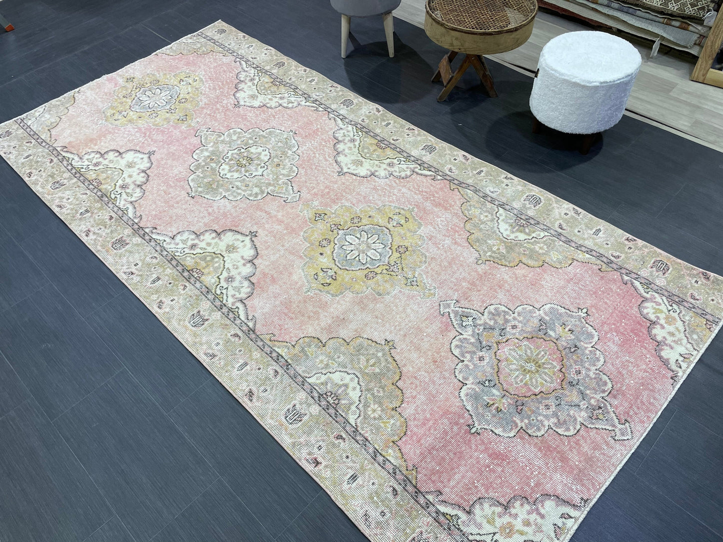 Vintage Runner Rug, Pink Hallway Runner 4.6 x 9.2 Rug, Kitchen Runner Rug, Wool Runner Rug Muted Oushak Rug Pretty Turkish Runner