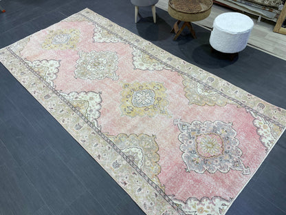 Vintage Runner Rug, Pink Hallway Runner 4.6 x 9.2 Rug, Kitchen Runner Rug, Wool Runner Rug Muted Oushak Rug Pretty Turkish Runner