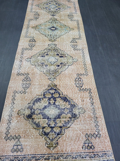 2.9 x 11.4 Low Wool Pile Oushak Runner Rug, Turkish Runner Rug, Vintage Runner Rug, Hallway Runner Rug Kitchen Runner Rug Wool Runner Rug