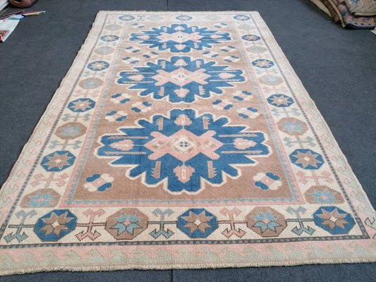 Turkish rug 4'5x7'3 blue and pink wool rug, vintage oushak rug, hand made living room rug