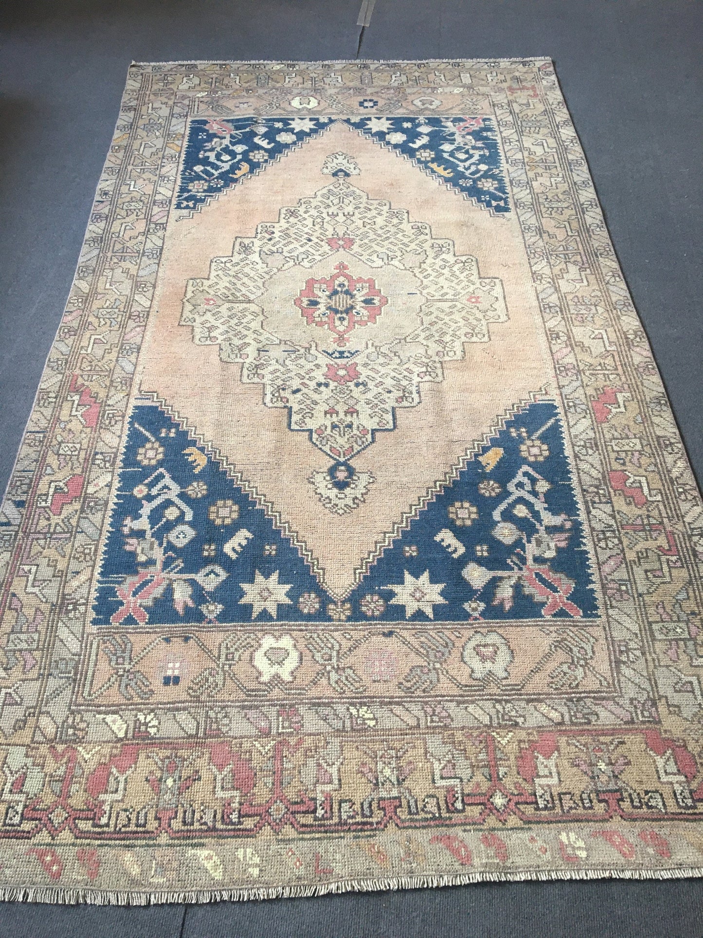 4.5x8 feet handmade area rug, vintage turkish muted rug, bohemian antique blue rug, persian motif kitchen floor rug, bedroom rug,hallway rug