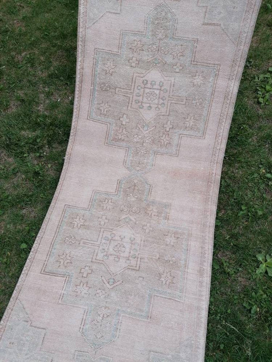 Muted hallway wool runner rug 2'7x8'4 handmade runner  vintage oushak runner, turkish runner rug