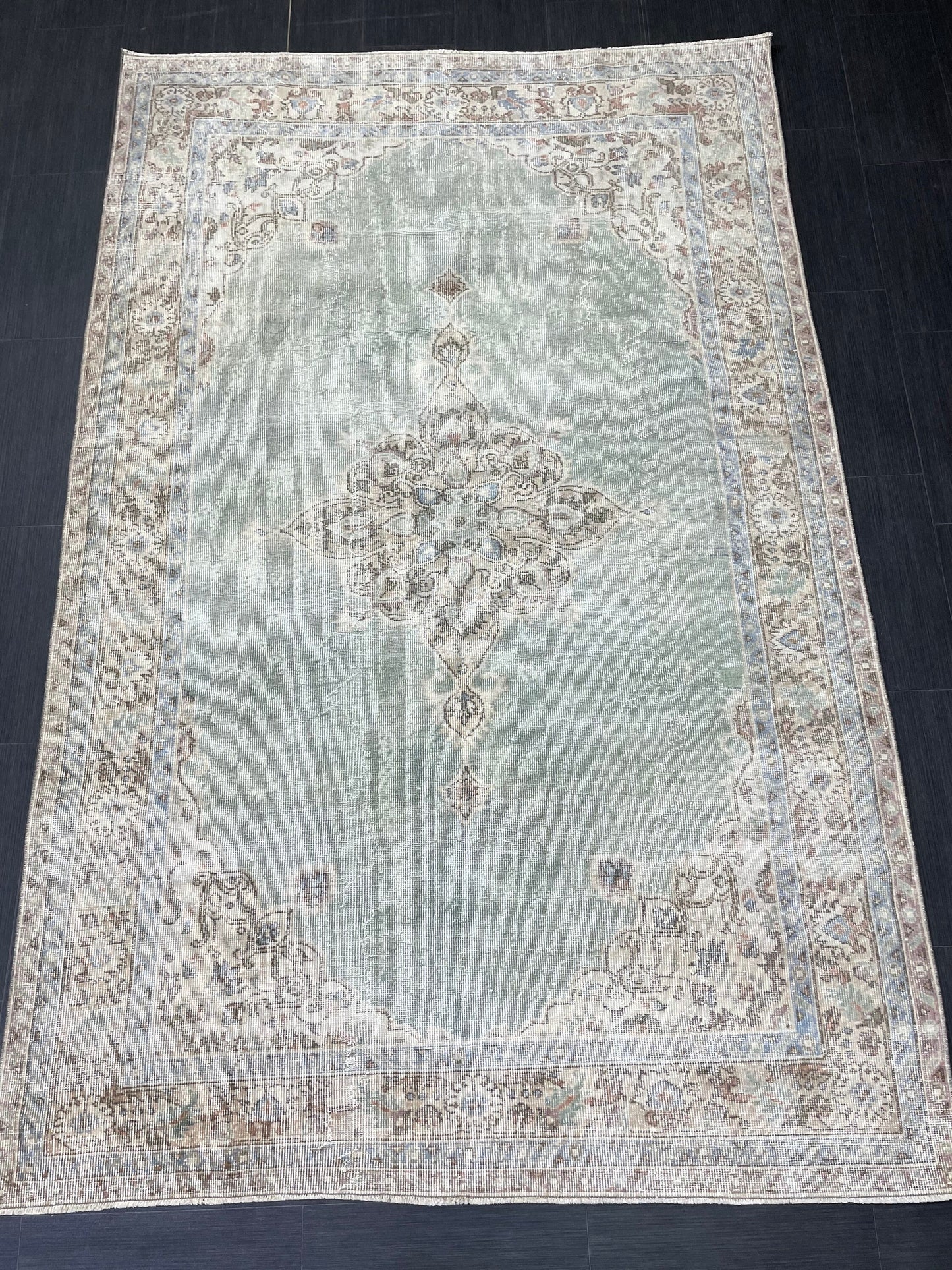 Green Vintage Rug Vintage 5.6 x 8.8 Hand Knotted Rug Wool Oushak Rug Hand Made Rugs Vintage Turkish Rug Persian Rug Distressed Rug