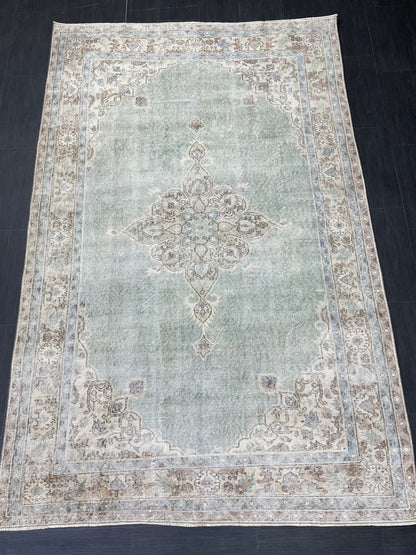 Green Vintage Rug Vintage 5.6 x 8.8 Hand Knotted Rug Wool Oushak Rug Hand Made Rugs Vintage Turkish Rug Persian Rug Distressed Rug