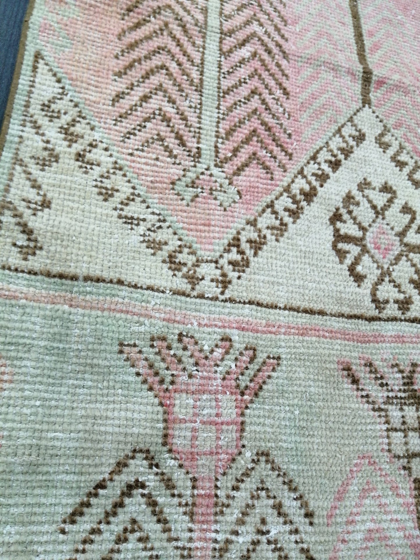Muted Oushak Runner Rug 11.3 x 3  Pink and Green Vintage Runner Rug Distressed Hallway Runner Rug Kitchen Runner Rug Wool Runner Rug