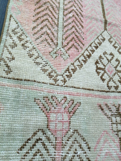 Muted Oushak Runner Rug 11.3 x 3  Pink and Green Vintage Runner Rug Distressed Hallway Runner Rug Kitchen Runner Rug Wool Runner Rug