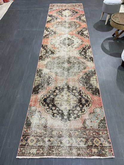 Turkish Distressed Runner Rug, Persian Runner 3 x 12 Rug, Vintage Runner Rug, Hallway Runner Rug,  Kitchen Runner Rug, Wool Runner Rug