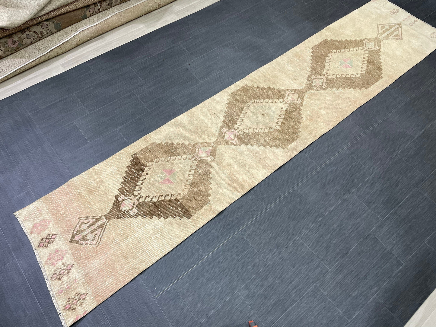 Muted Vintage Runner Rug 2.6 x 12.2 Hand Made Runner Rug Turkish Runner Rug Pink Vintage Runner Rug Hallway Runner Rug Wool Kitchen Runner
