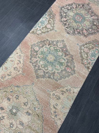 Distressed Runner Rug Muted Turkish Runner 3 x 13.2 Rug  Pink Vintage Runner Rug Hallway Runner Rug Muted Persian Runner Rug Wool Runner