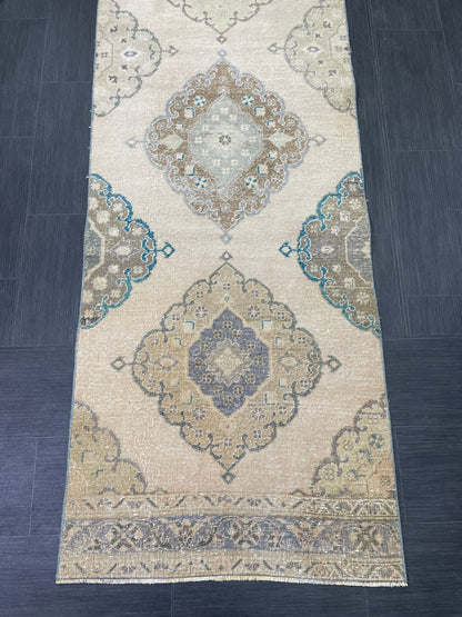 Muted Turkish Runner Rug Vintage 3 x 13.7 Runner Rug Hallway Runner Rug Hand Knotted Runner Kitchen Runner Rug Handmade Runner Rug
