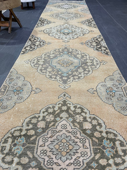 Muted RUNNER Rug, Handmade 2.10 x 13 RUNNER Rug,  Oushak Runner Rug, Vintage Turkish Rug, Oriental Runner Rug, Turkish Runner Persian Runner