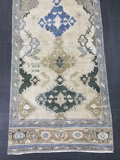 Blue Green Turkish Oushak Runner Rug  3x13 ft Turkish Runner Rug XL Vintage Runner Rug Long Hallway Runner Rug Kitchen Runner Wool Pile