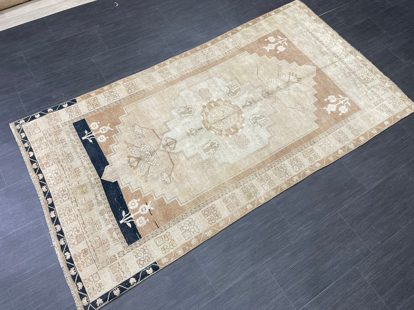 MUTED Handmade 4 x 7.3 Rug Vintage Turkish  Rug Brown Soft wool Rug NATURAL Wool Rug, Living Room Rug, Oushak Rug, Hand Knotted Kitchen Rug