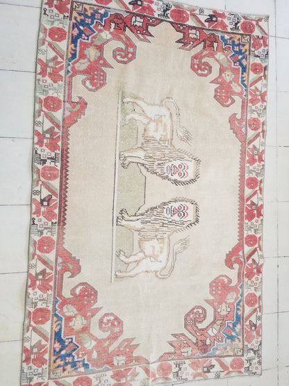 Lion oushak handmade wool rug 4'4x6'12 turkish rug vintage rug, vintage oushak rug, kitchen rug bohemian rug