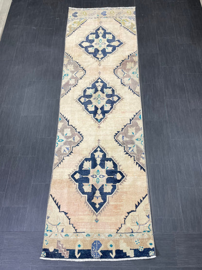 Vintage Runner 3.2 x 10.6 TURKISH Muted Runner Rug Vintage Oushak Runner Rug Navy Runner Rug Wool Oriental Runner Antique Runner Rug