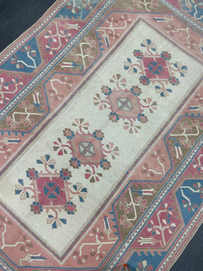 Hand Knotted Oushak Rug 6.8 x 10.3 Vintage Rug Handmade Turkish Rug Persian Rug Vintage Rug, Wool  Blue and Pink Rug Large Rug