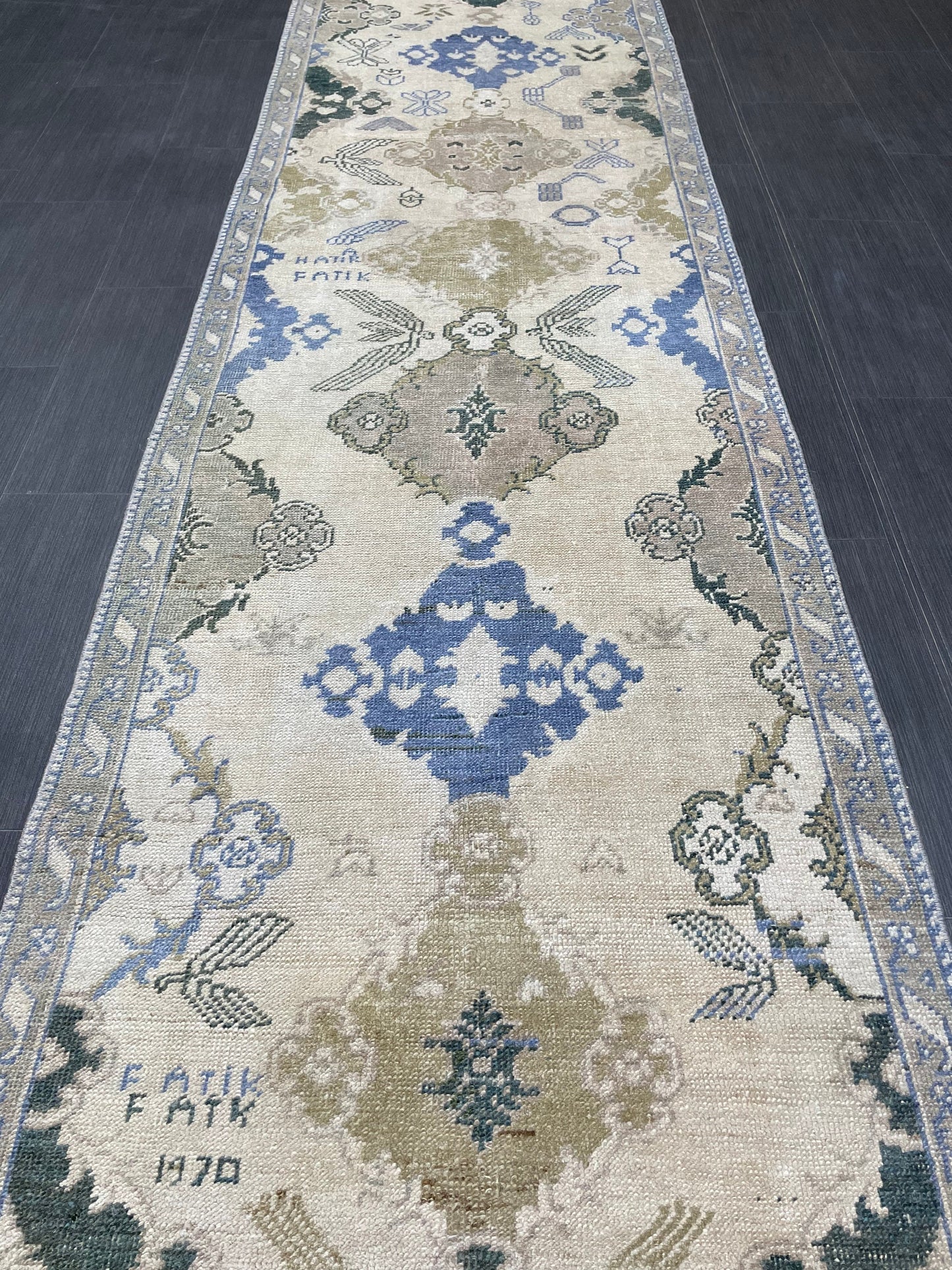 Blue Green Turkish Oushak Runner Rug  3x13 ft Turkish Runner Rug XL Vintage Runner Rug Long Hallway Runner Rug Kitchen Runner Wool Pile
