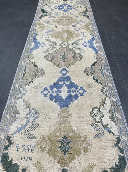 Blue Green Turkish Oushak Runner Rug  3x13 ft Turkish Runner Rug XL Vintage Runner Rug Long Hallway Runner Rug Kitchen Runner Wool Pile