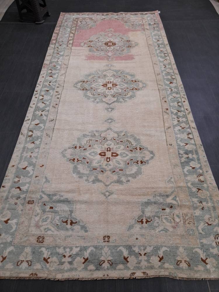 4.5 x 10.3 Muted Vintage Runner Muted TURKISH Runner Rug Vintage Oushak Runner Rug Vintage Runner Rug Wool Oriental Runner Handmade Runner