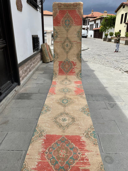 Muted Vintage Extra Long Turkish Runner Oushak  2.7 x 20.5 Stairs Runner Rug Vintage Runner XL Oriental Runner Staircase Handmade Runner