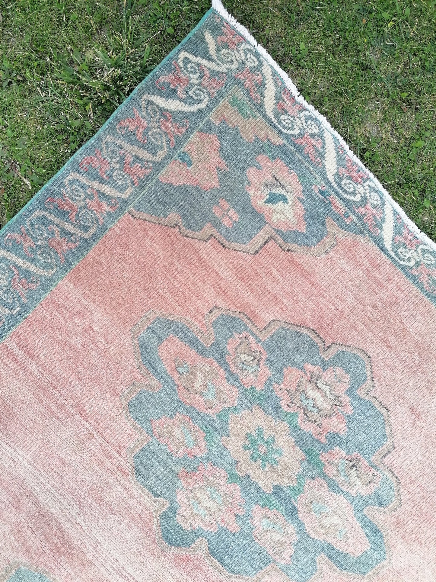 4'6x9'6 oushak turkish runner rug,vintage green runner rug, hallway runner rug, hand made wool runner, kitchen rug