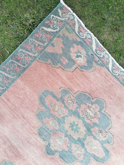 4'6x9'6 oushak turkish runner rug,vintage green runner rug, hallway runner rug, hand made wool runner, kitchen rug