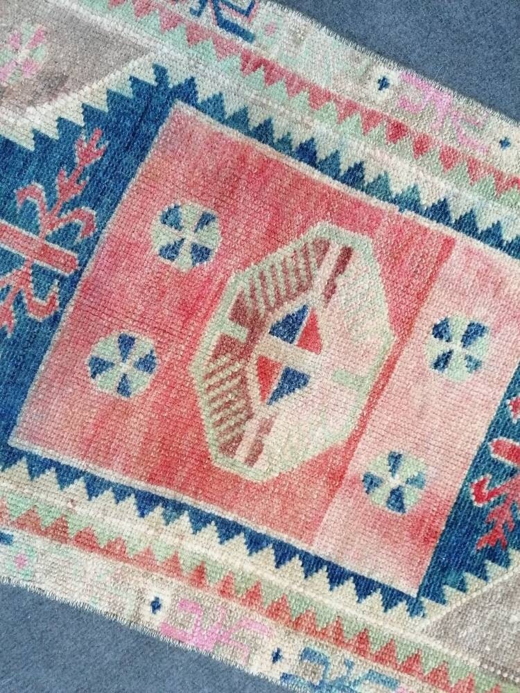Vintage wool small rug 1'8x2'9 turkish oushak rug, blue hallway hand made rug kitchen rug bohemian rug