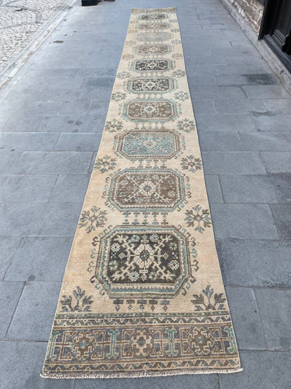 Muted Hand Knotted Extra Long Turkish Runner Very Long Stairs Runner Rug 2.8 x 20.7 Vintage Runner Rug XL Oriental Runner Staircase Runner