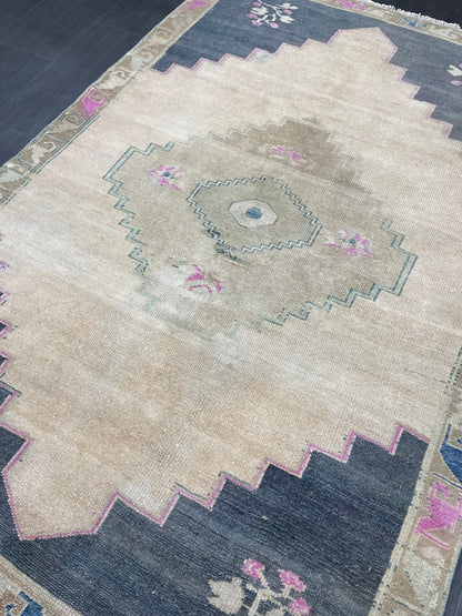 Muted Vintage RUG TURKISH 4 x 6.2 Oushak Rug Vintage Oushak Rug Vintage Rug Muted Navy Rug HandMade Rug Vintage Neutral Rug