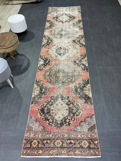 Turkish Distressed Runner Rug, Persian Runner 3 x 12 Rug, Vintage Runner Rug, Hallway Runner Rug,  Kitchen Runner Rug, Wool Runner Rug