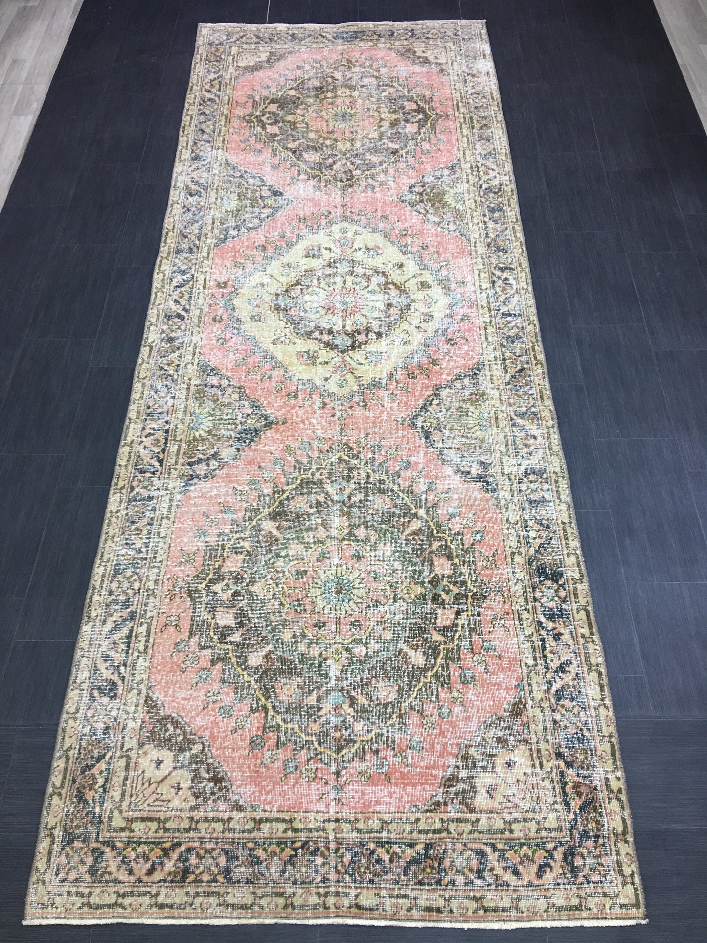 Handmade Vintage Runner Rug 4.6 x 12.7 Vintage Runner Hand Knotted TURKISH Runner Vintage Runner Distressed Vintage Persian Muted Runner