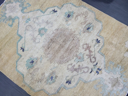 Turkish Rug, Oushak Rug, Wool 4 x 5.8 Oriental Rug, Blue Oushak Vintage Persian Rug, Handmade Rug