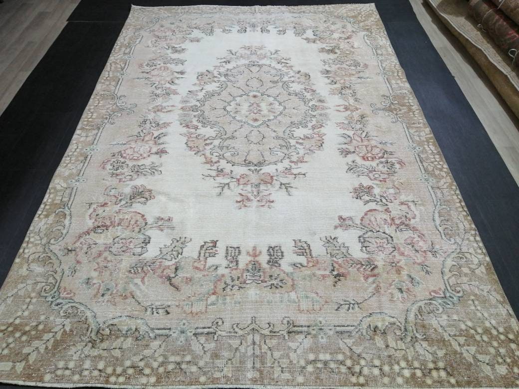 Floral Muted OUSHAK RUG 10.3 x 6.6 TURKISH Rug Oriental Vintage Wool Rug Muted Hand Made Rugs Vintage Turkish Rug