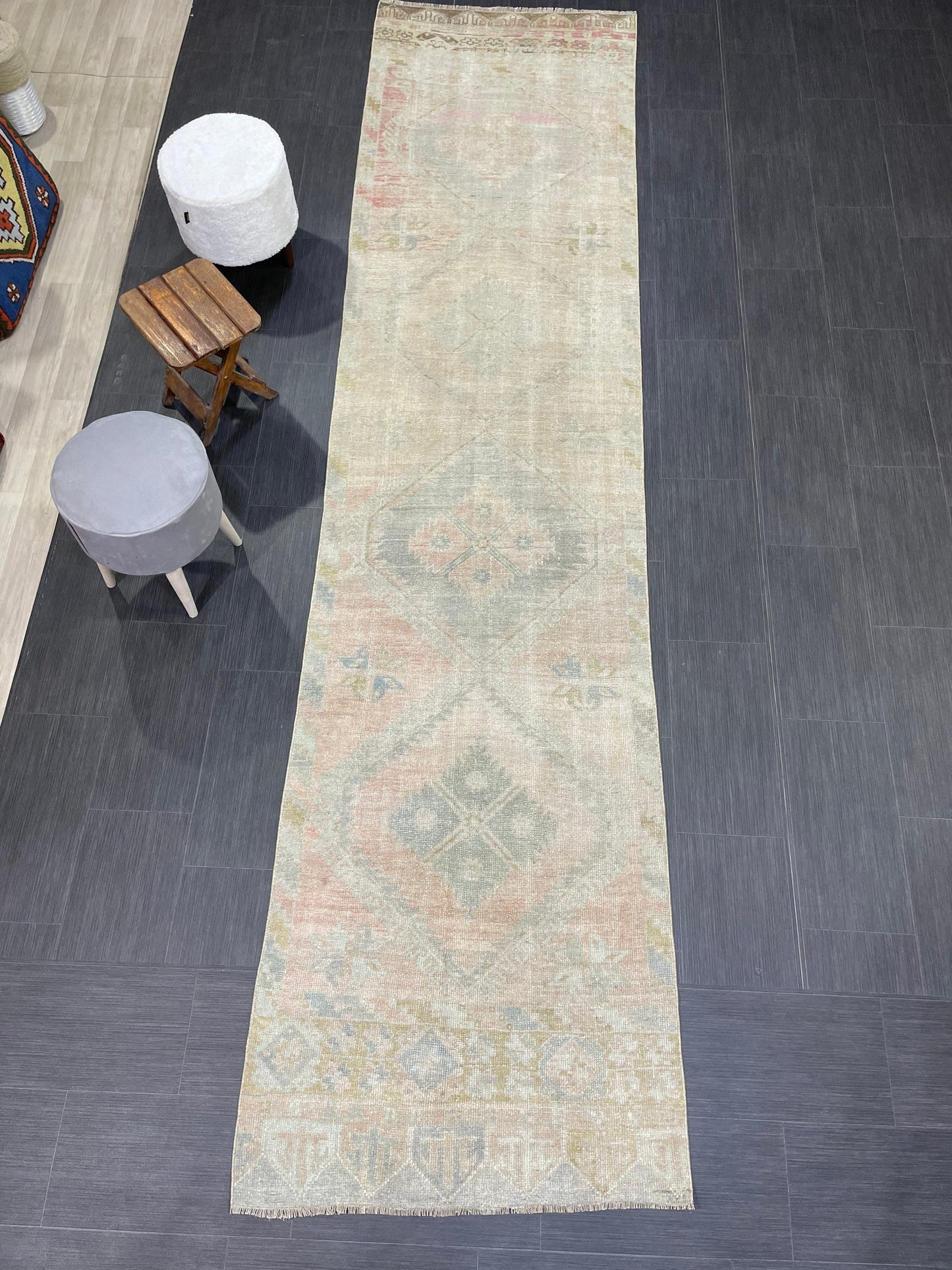 Muted Oushak Runner Rug 3 x 12.5 Vintage Turkish Runner Rug Vintage Runner Rug Hallway Runner Rug Kitchen Runner Rug Wool Runner Rug