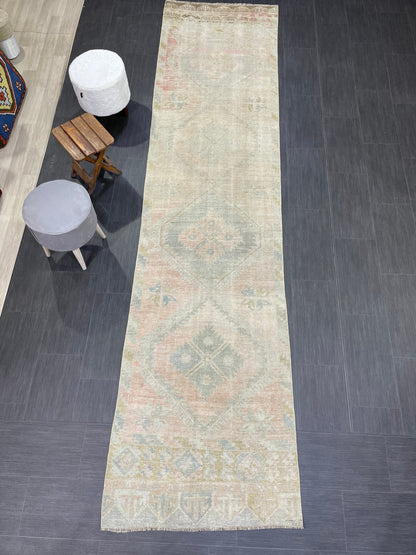 Muted Oushak Runner Rug 3 x 12.5 Vintage Turkish Runner Rug Vintage Runner Rug Hallway Runner Rug Kitchen Runner Rug Wool Runner Rug