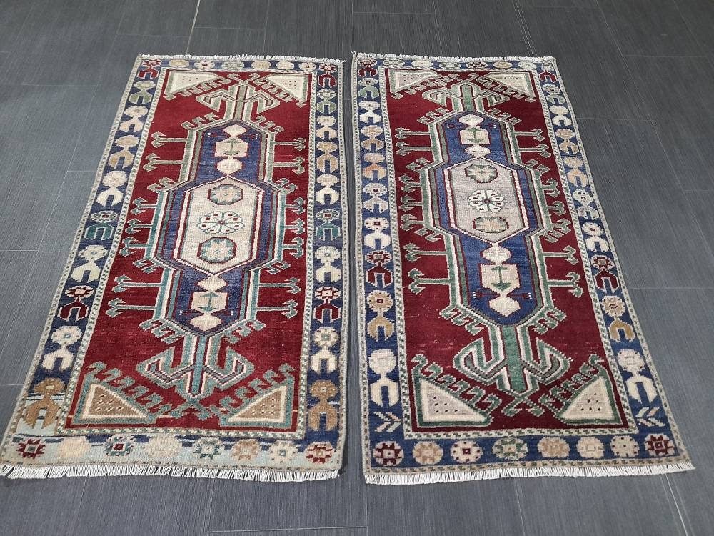 Pair Of Small Rug Turkish Rug Mini Rug Twin Small Area Rug 2x4  Turkish Rug Oushak Rug Persian Hand Made Rug Matching Oriental Vintage Rug