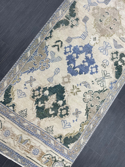 Blue Green Turkish Oushak Runner Rug  3x13 ft Turkish Runner Rug XL Vintage Runner Rug Long Hallway Runner Rug Kitchen Runner Wool Pile