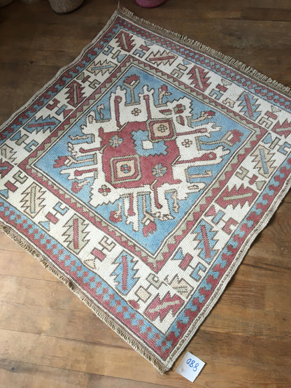 3.5x3.5 square handmade turkish rug, wool vintage blue chair rugs, entryway mini wide rug, bohemian oriental anatolian rug, kitchen cushion