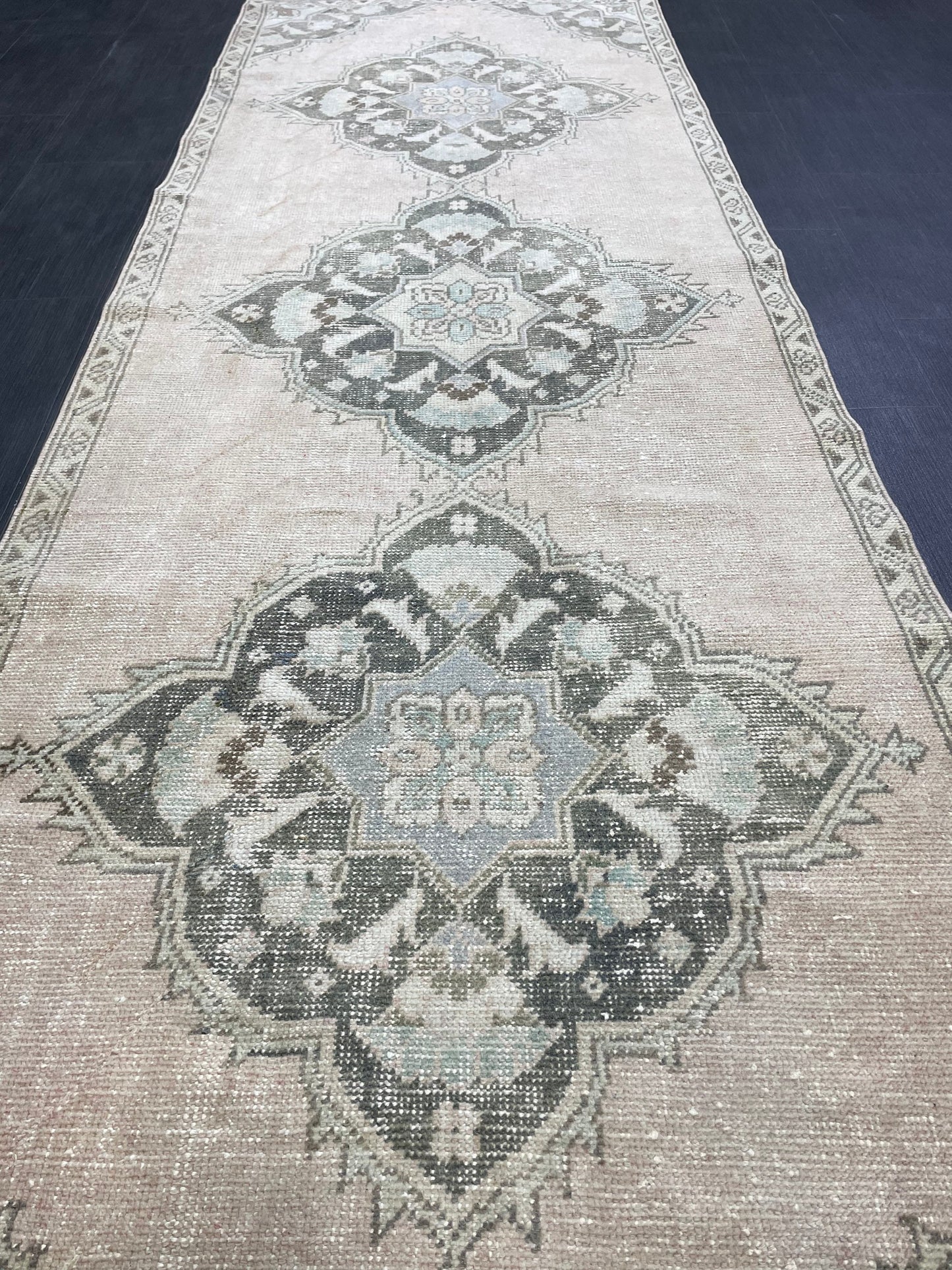 3.4 x 11.2 Faded Oushak Runner Rug Turkish Runner Rug Distressed Vintage Runner Rug Hallway Runner Kitchen Runner Wool Pastel Pink And Green