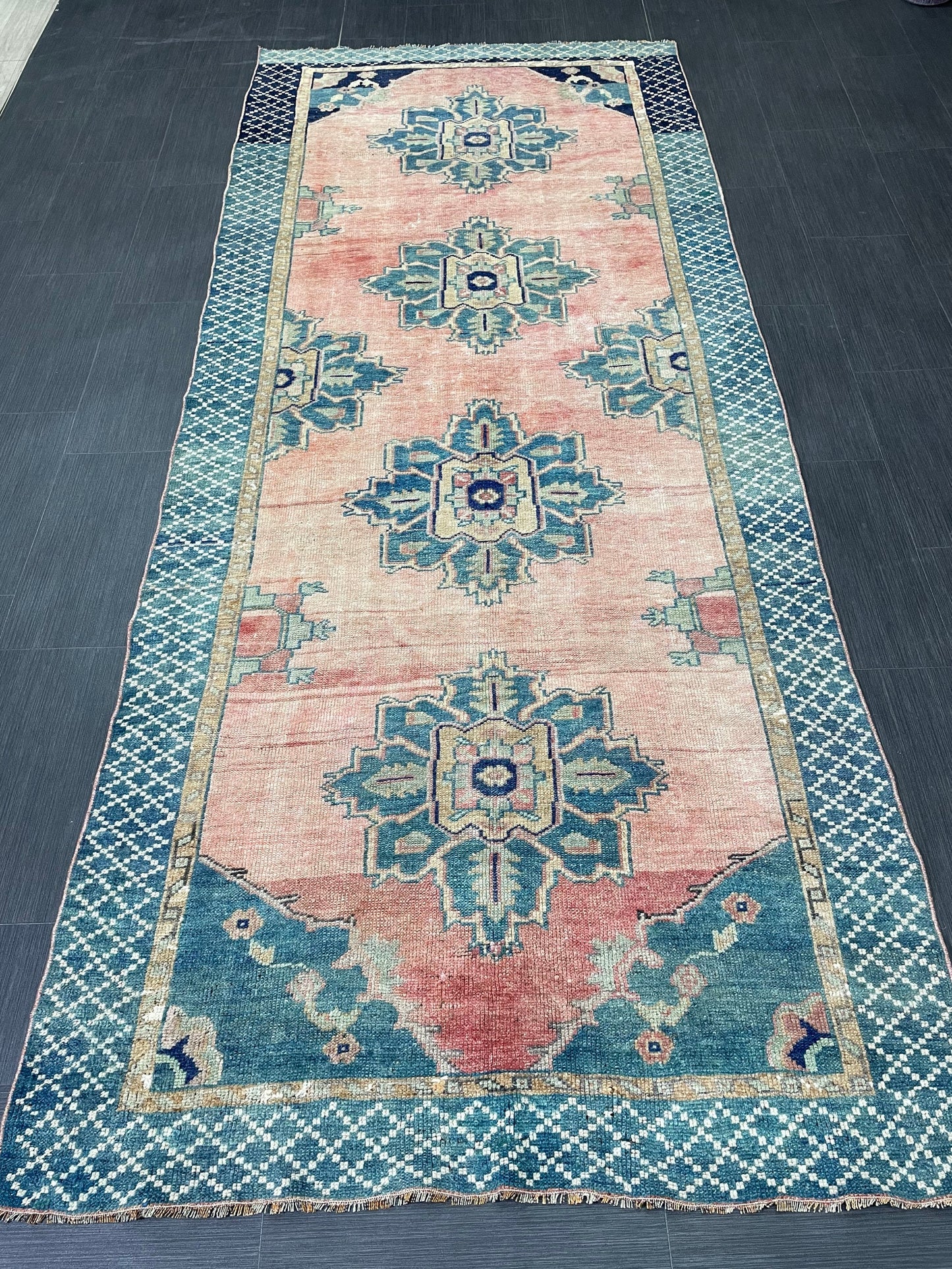 Turkish Oushak Runner 4.2 x 10 Rug Turkish Runner Rug Vintage Runner Rug Hallway Runner Rug Kitchen Runner Rug Wool Runner Navy Green