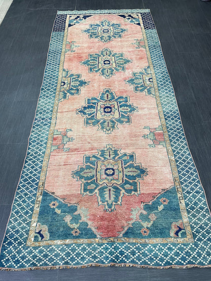 Turkish Oushak Runner 4.2 x 10 Rug Turkish Runner Rug Vintage Runner Rug Hallway Runner Rug Kitchen Runner Rug Wool Runner Navy Green