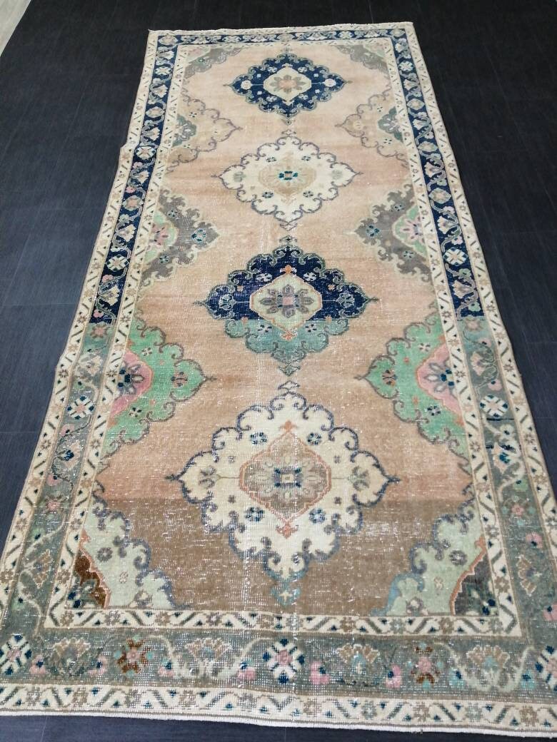 Vintage Runner Rug 4.4 x 10.2 Turkish Runner Rug Vintage Hallway Runner Rug Kitchen Runner Rug Wool Runner Rug
