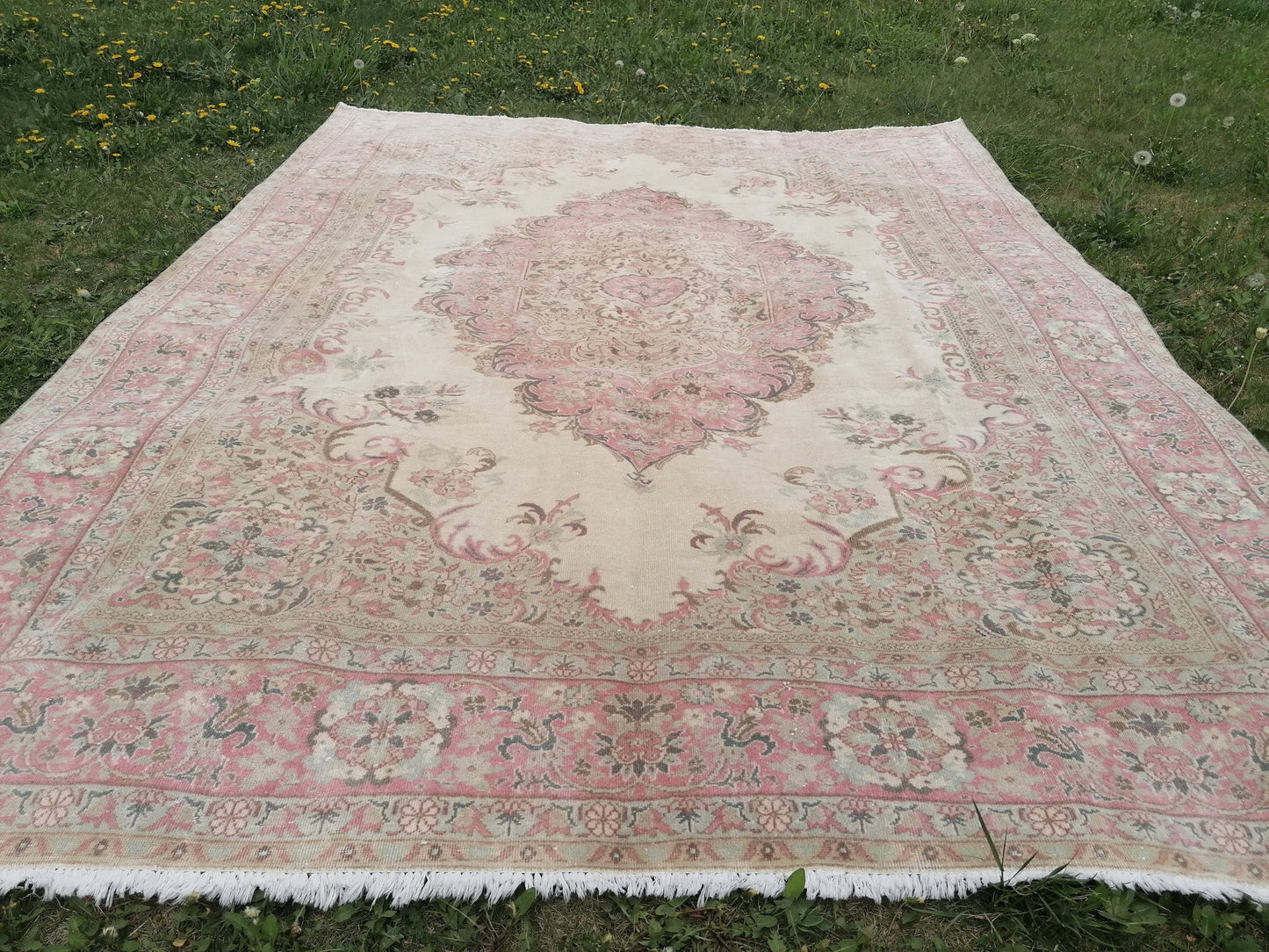 6'7x8'7 Vintage rug, pastel vintage oushak rug faded unique handmade rug, traditional turkish rug