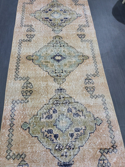 2.9 x 11.4 Low Wool Pile Oushak Runner Rug, Turkish Runner Rug, Vintage Runner Rug, Hallway Runner Rug Kitchen Runner Rug Wool Runner Rug