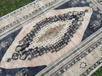 Quality oushak rug, blue turkish rug 5'2x10 large vintage rug wool oushak rug hand made rug