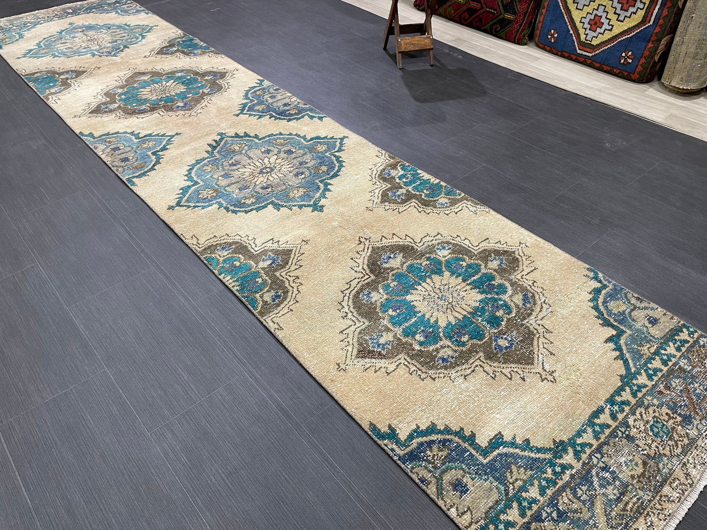 Distressed Handmade Runner Rug 2.8 x 12.4 Turkish Runner Rug Vintage Runner Rug Hallway Runner Rug Kitchen Runner Rug Wool Runner Rug