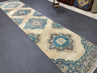 Distressed Handmade Runner Rug 2.8 x 12.4 Turkish Runner Rug Vintage Runner Rug Hallway Runner Rug Kitchen Runner Rug Wool Runner Rug