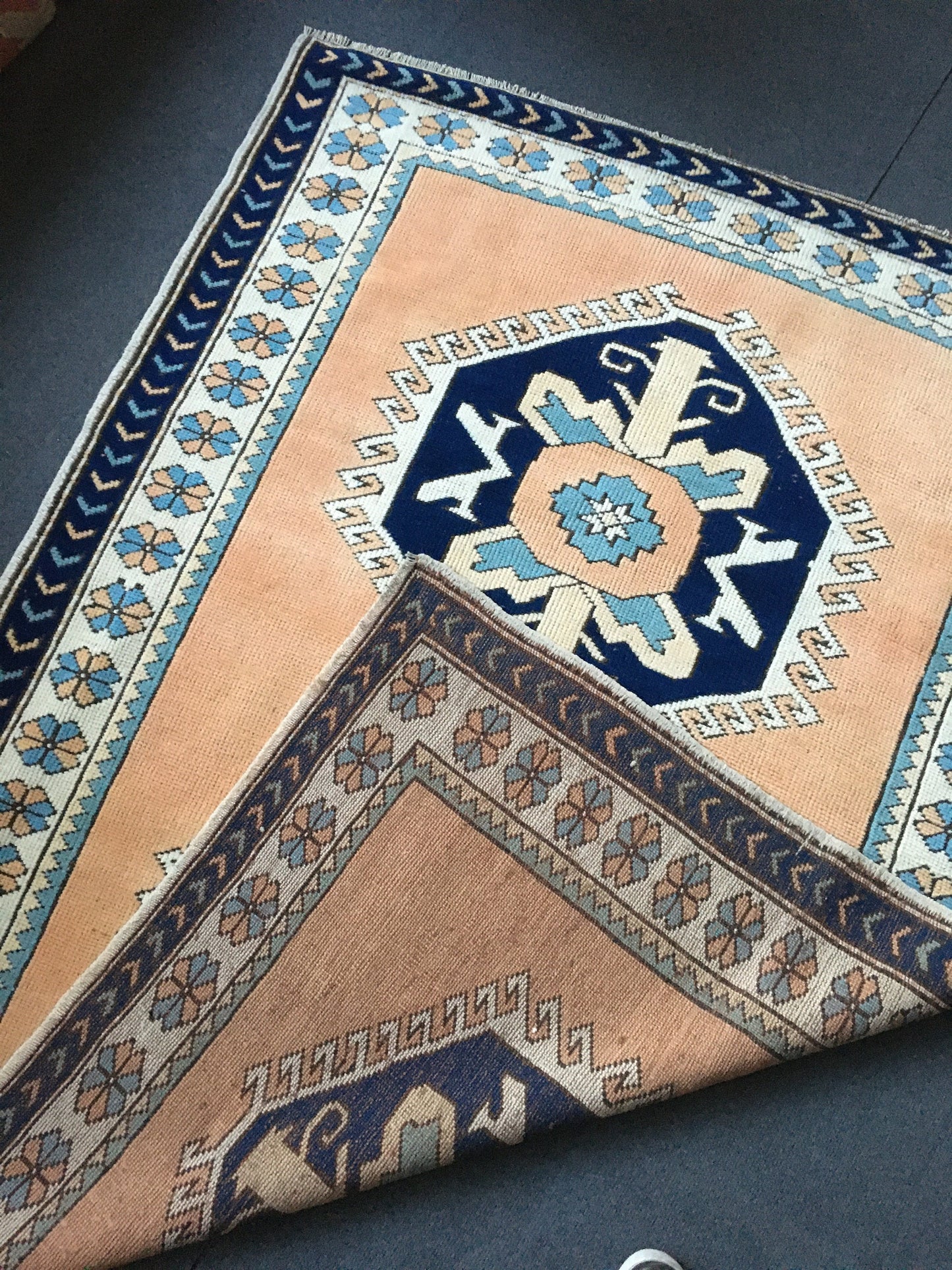 4x6 feet blue turkish bedroom middle rug, handmade orange kitchen floor large rug, vintage living room area rug, bohemian anatolian wool rug